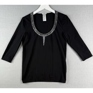 Wolford Black Jeweled Top Sz L Scoop Neck 3/4 Sleeve Evening Holiday Party Glam